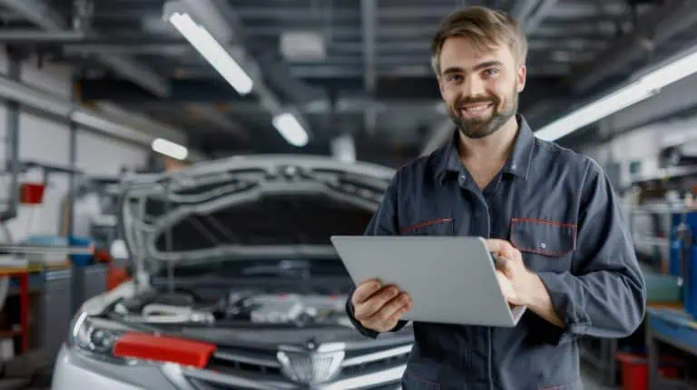 A man is standing in front of a car engine with a laptop in his hand. He is smiling and he is enjoying his work