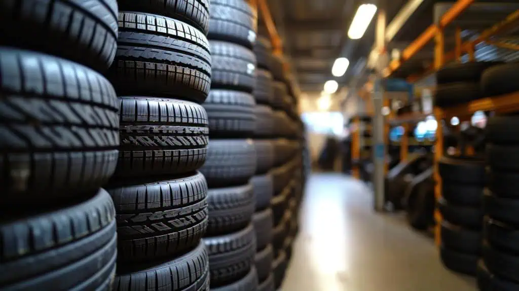 Stack of new car tires in an organized warehouse ready for shipment.